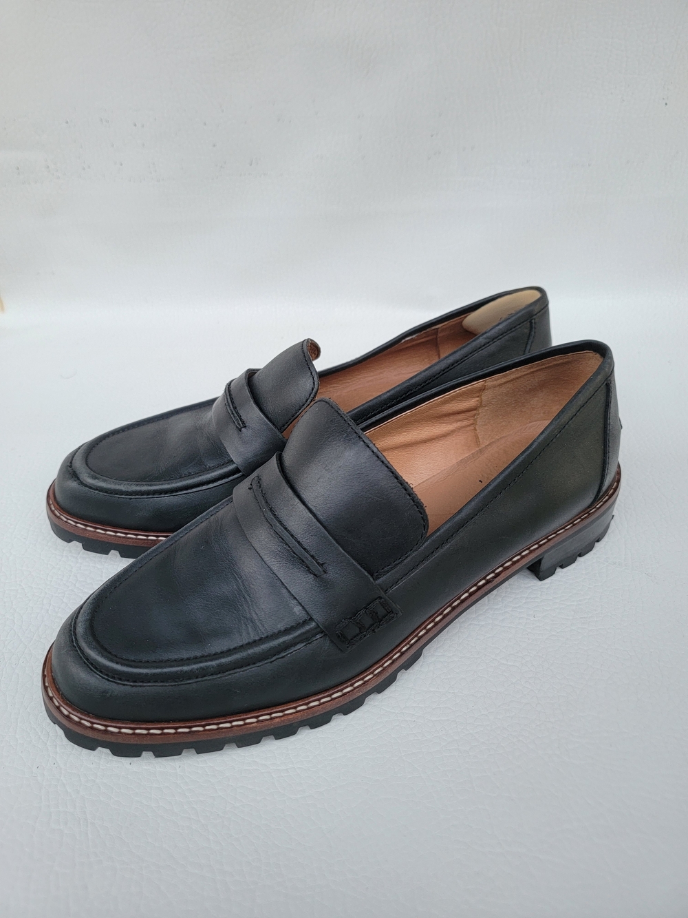 Madewell Black Leather Penny Loafers with Brown Trim